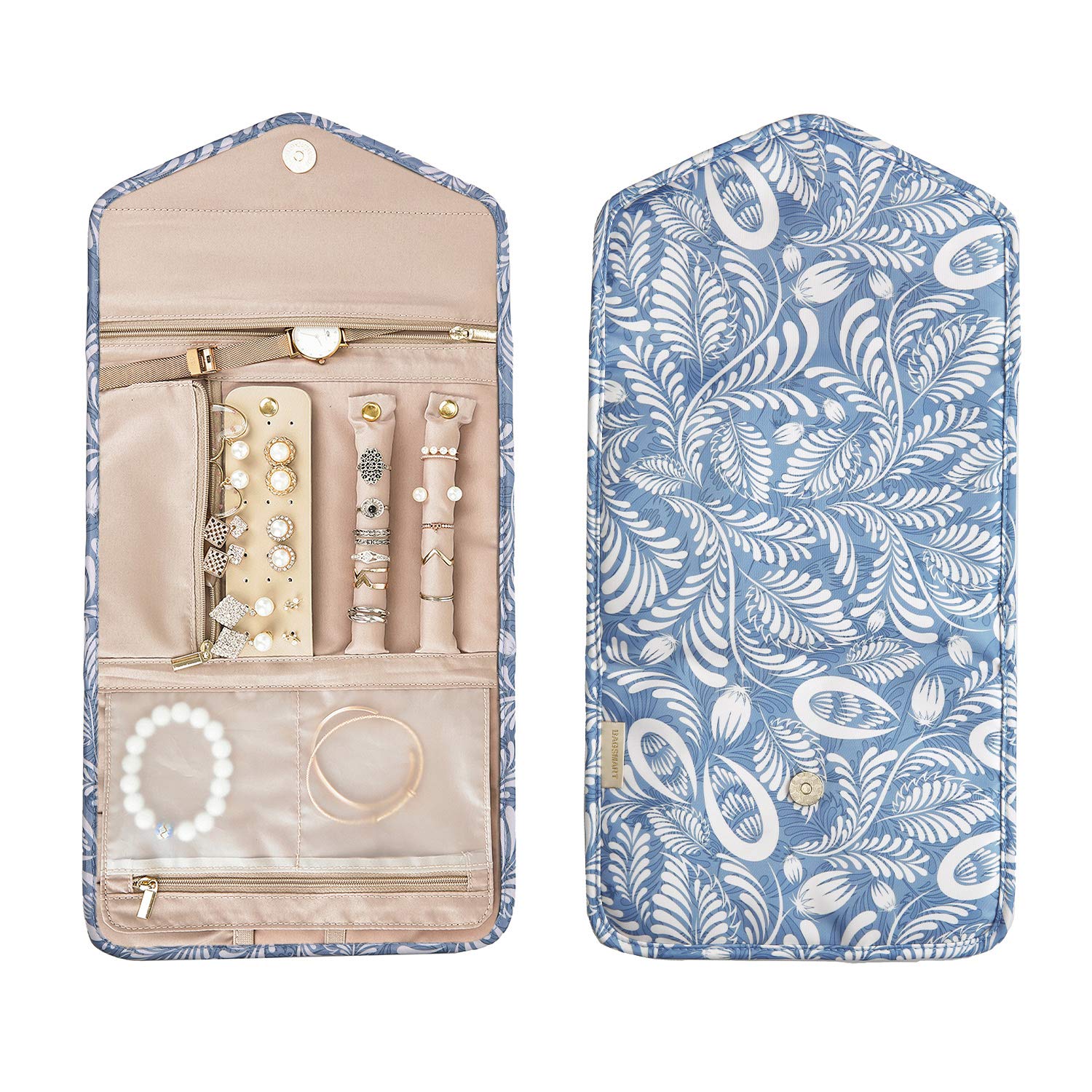 BAGSMART Travel Jewelry Organizer Roll Foldable Jewelry Case, White Leaf