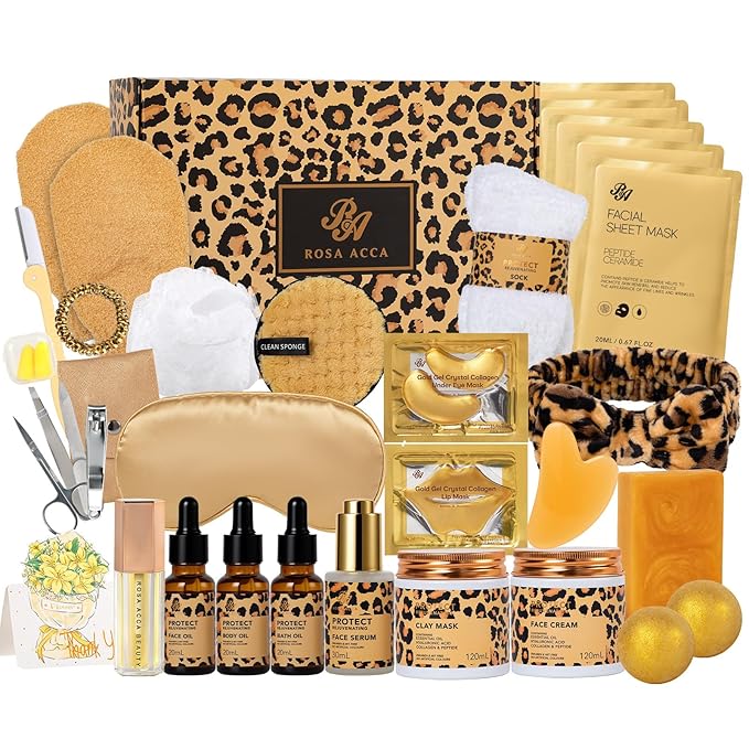 Gifts for Women, 32 Pcs Leopard Facial Skin Care Gift Set for Women, Home Spa & Self-Care Gift Kit, Bath and Body Gifts Basket Set, Face Sheet Mask, Wife, Birthday, Christmas, Valentines, Anniversary