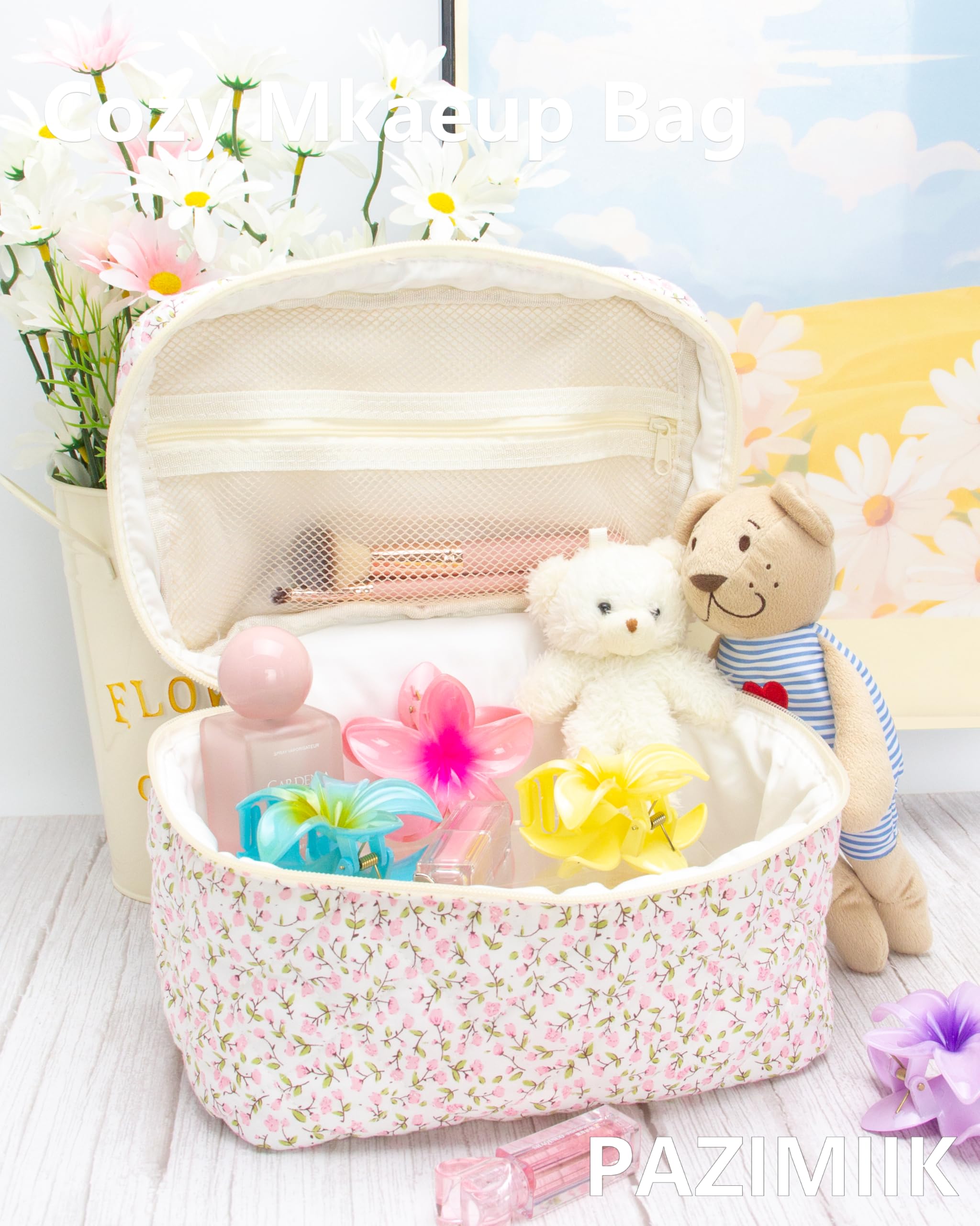 3 Piece Quilted Makeup Bag Set for Women,Cosmetic&Toiletry Bag,Floral Pink