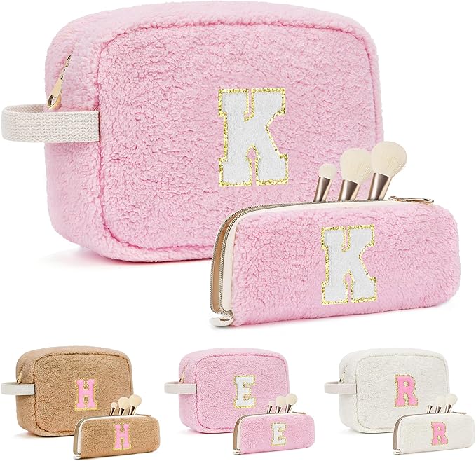 ibeacos 2PCS Makeup Bag with Initials, Valentines Day Gifts for Teen Girls Trendy Stuff, Personalized Cosmetic Travel Bag Pouch for Granddaughter, Cute Plush Make up Bags for Birthday - Pink K