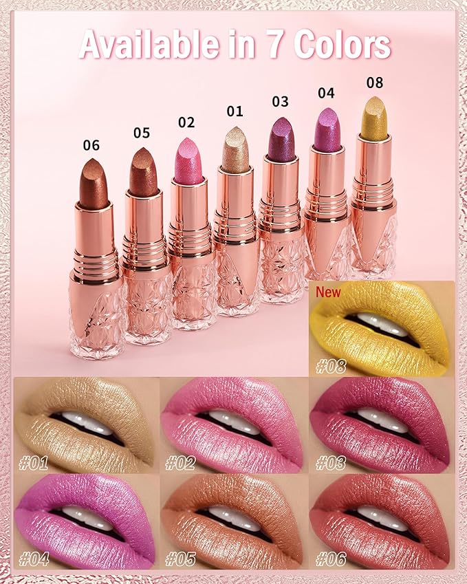 Glitter Gold Lipstick for Women, Waterproof Metallic Lipstick for Halloween