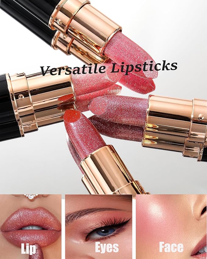 Metallic Glitter Lipstick Set Long Lasting,3 Pcs Diamond Shimmer Lip Gloss Nude Pink Rose Pink Red Matte Lip Stick for Women,Sparkling Shiny Transfer Proof Non Stick Tinted Lip Balm Color Makeup-Set B