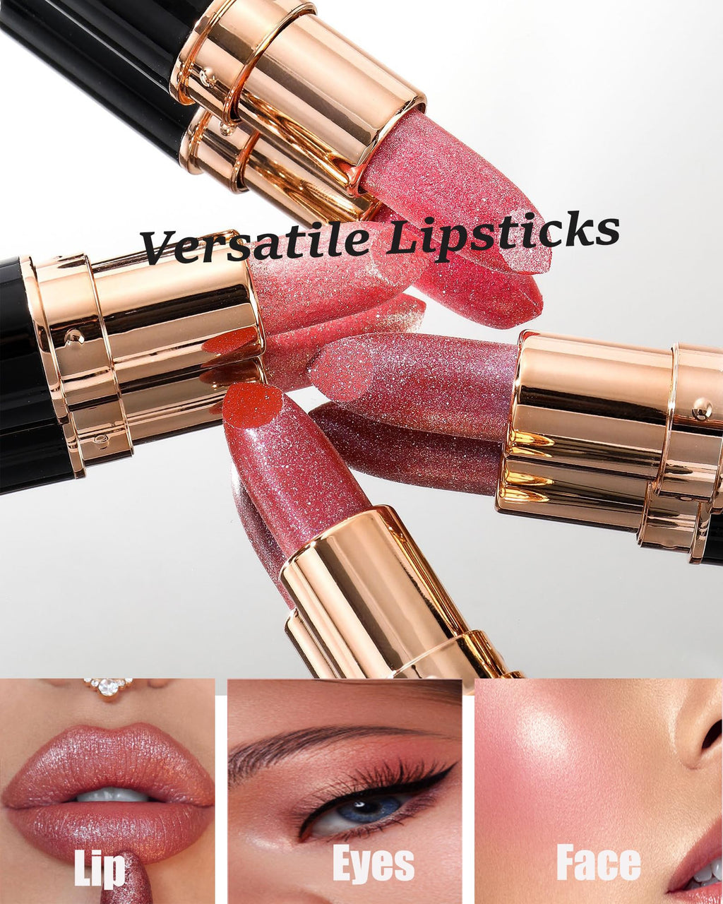 Rose Pink Metallic Glitter Lipstick Long Lasting,Diamond Nude Shimmer Lip Gloss High Pigment Lip Red Color Matte Lip Stick for Women,Sparkling Shiny Transfer Proof Non Stick Tinted Lip Balm Makeup-03