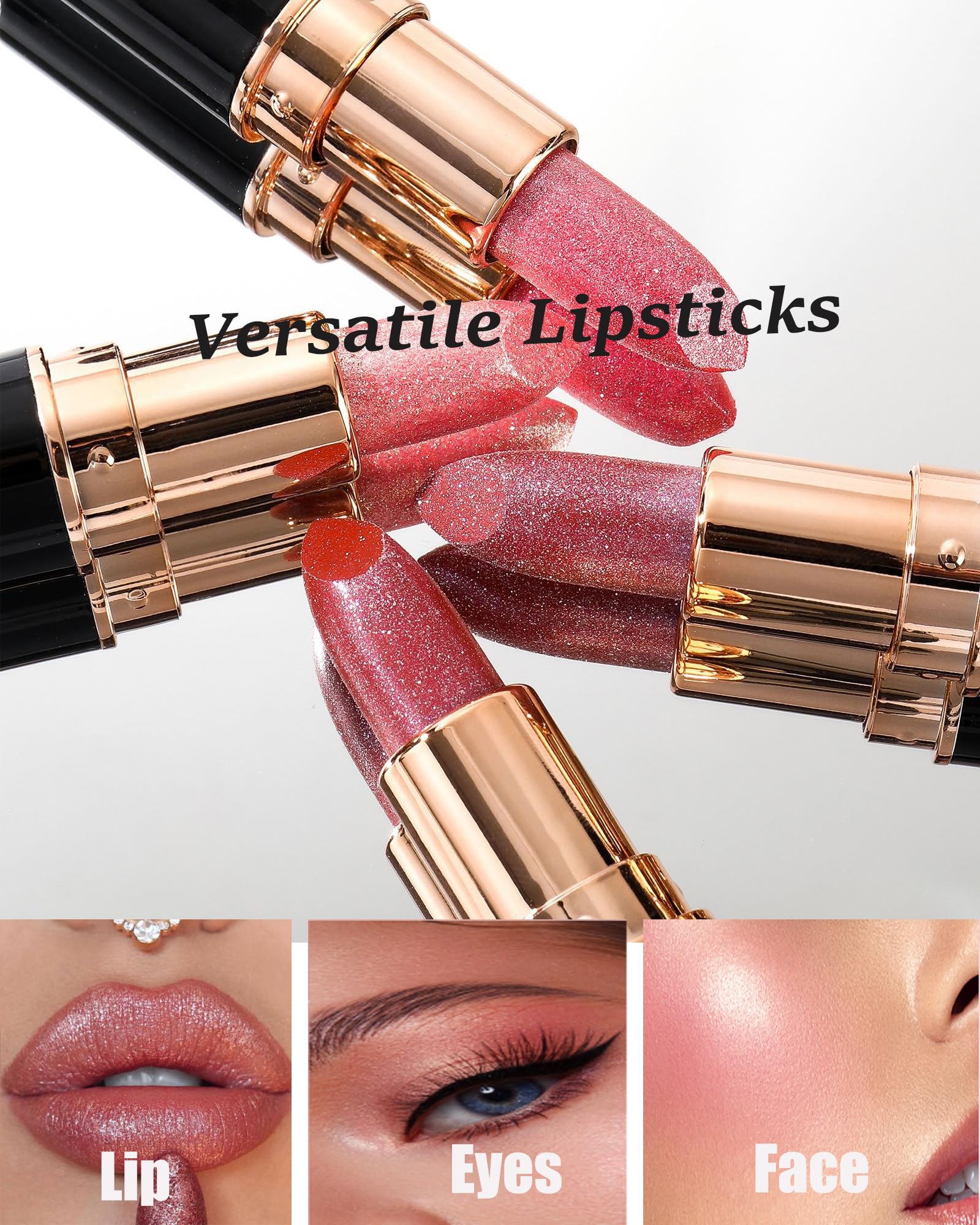 Rose Pink Metallic Glitter Lipstick Long Lasting,Diamond Nude Shimmer Lip Gloss High Pigment Lip Red Color Matte Lip Stick for Women,Sparkling Shiny Transfer Proof Non Stick Tinted Lip Balm Makeup-03