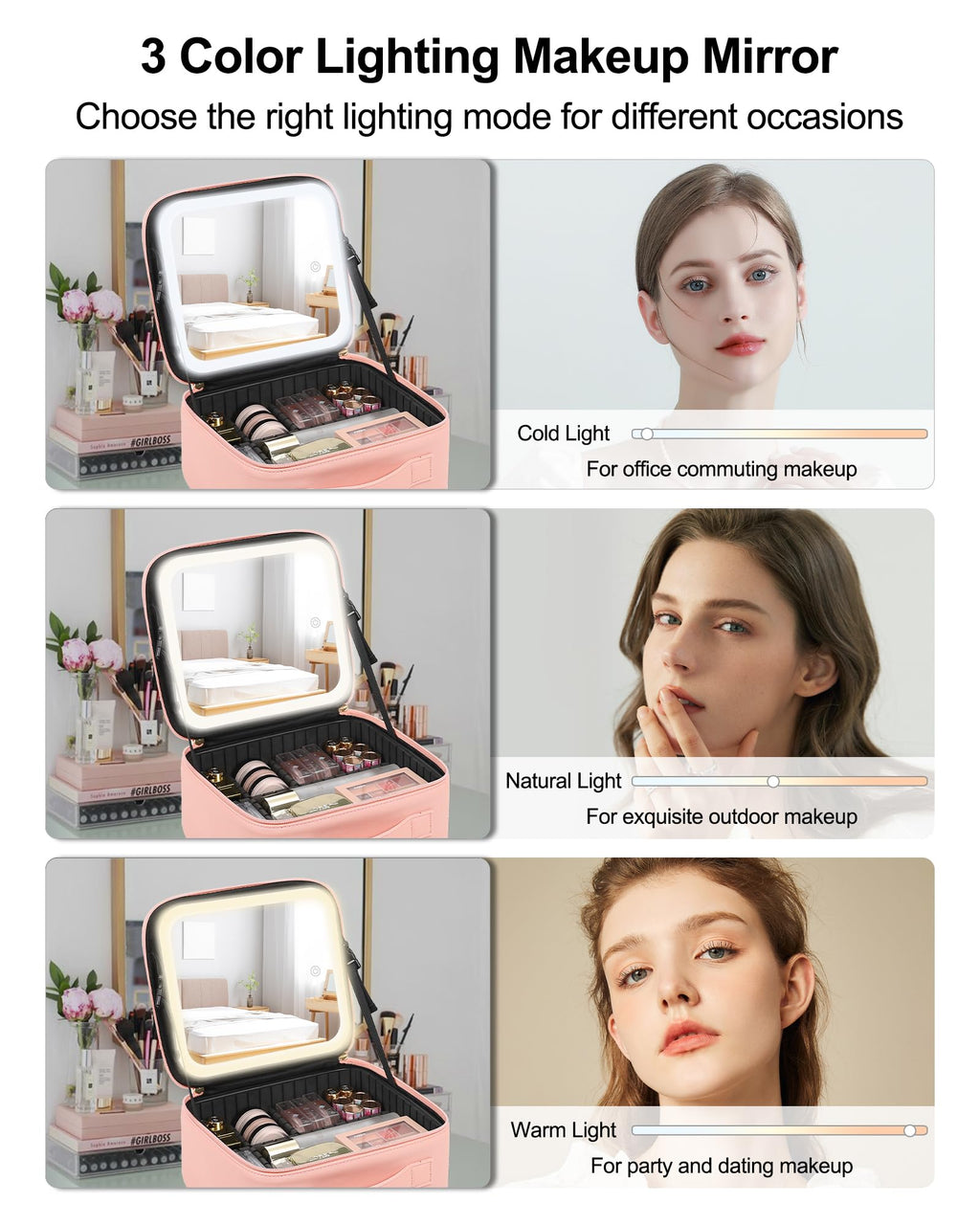 Chomeiu Makeup Bag with LED Mirror, Cute Cosmetic Bags Birthday Gifts for Girls Women, Makeup Train Case Artists Organizer Large Make Up Bags with Light Up Mirror 3 Color Lights, Pink 2