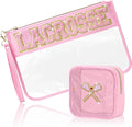 BuyCard 2 Pcs Lacrosse Gifts Makeup Bag with Chenille Letter Patch, Clear Cosmetic Pouch PVC Organizer Purse, Waterproof Travel Bag, Portable Toiletry Storage Bag for Her Girls Friends Women