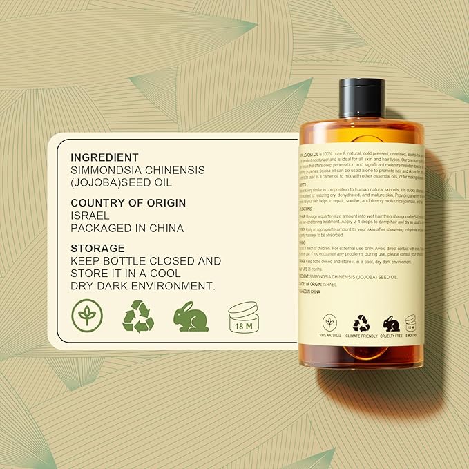 Yoken Organic Jojoba Oil 16oz, USDA Certified Cold Pressed for Skin Care