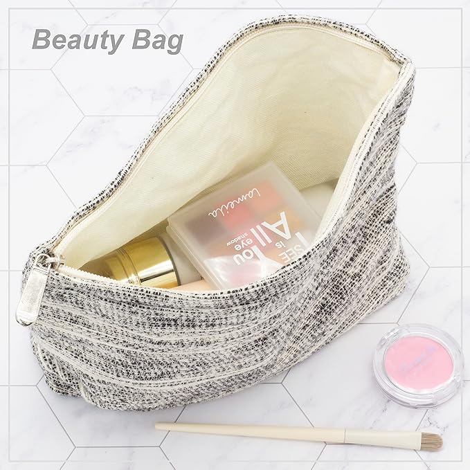 Flat Makeup Bag for Women,Zipper Cosmetic Pouch for Purse,Ripple Grey