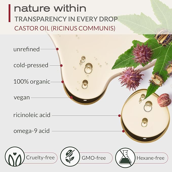 USDA Organic Castor Oil, 100% Pure Cold-Pressed Hexane-Free, 32 Fl Oz