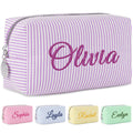 Yofair Personalized Makeup Bag with Name, Bridesmaid Gifts Large Capacity Travel Toiletry Case Custom Seersucker Cosmetic Bags Wedding Birthday Gifts for Girls Women