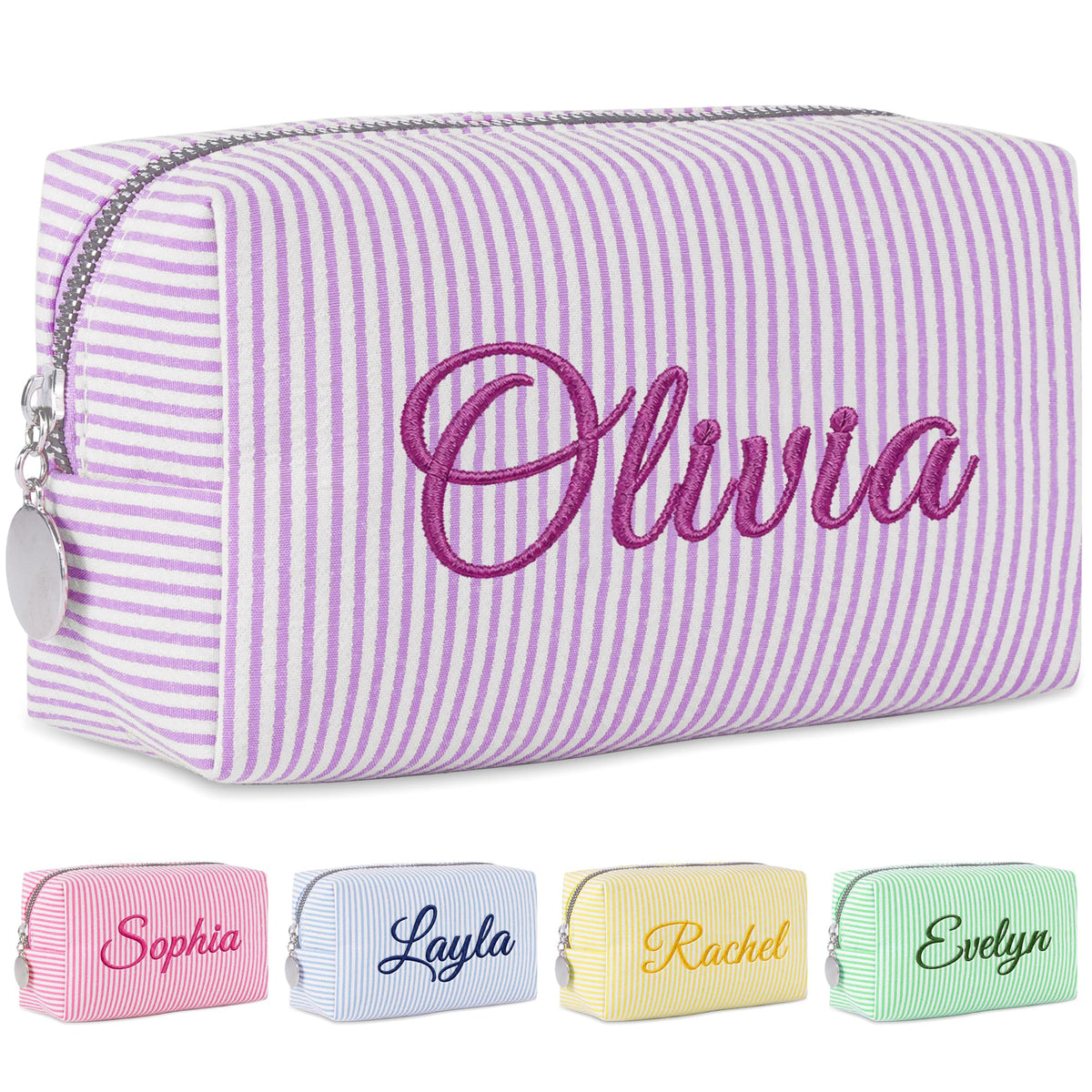 Yofair Personalized Makeup Bag with Name, Bridesmaid Gifts Large Capacity Travel Toiletry Case Custom Seersucker Cosmetic Bags Wedding Birthday Gifts for Girls Women