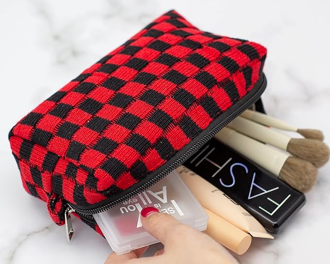 Checkered Makeup Bag for Purse, Small Travel Cosmetic Pouch,Red Black
