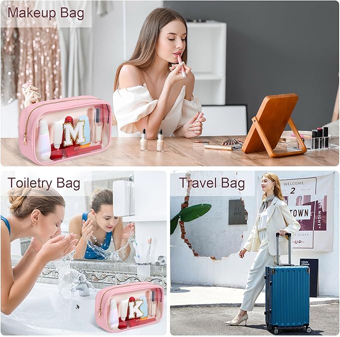 YOOLIFE Initial Clear Makeup Bag Initial Travel Makeup Bags Pouch, Clear Toiletry Bags for Women Travel Accessories Cosmetic Bag for Teen Girl Birthday Gifts for Teacher Mom Pink B