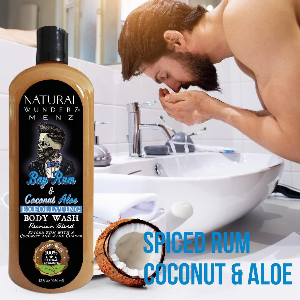 Natural Wunderz Mens Body Wash, Exfoliating Bay Rum & Coconut Aloe Scent, 32 Fl Oz All-In-One Liquid Soap and Shower Gel, Sulfate Free and Vegan Friendly Body Scrub