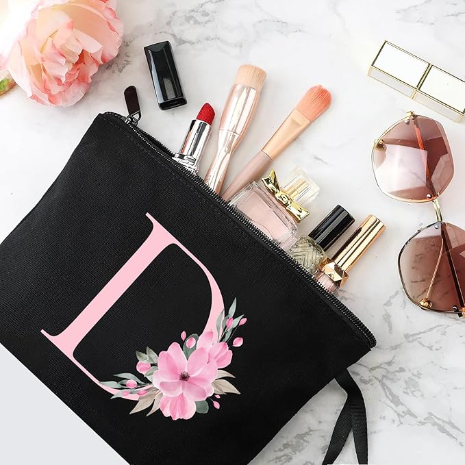 Vavabox A-Z Personalized Makeup Bag, Birthday Gifts for Women Mom, Gifts for Best Friend, Bride Bridesmaid Cosmetic bag (D, 02-Black)