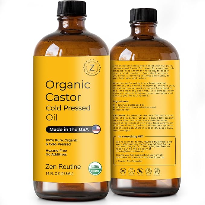 Zen Routine Organic Castor Oil in Glass Bottle – Cold Pressed Hexane Free – For Hair Growth, Face, Eyelash, Skin, Stomach & Castor Pack Wrap – 100% Pure & Unrefined 16 fl oz — Made in USA