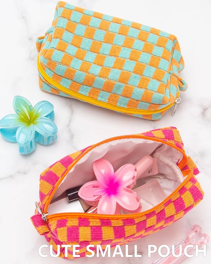 Checkered Makeup Bag for Purse, Small Travel Cosmetic Pouch,Red Orange
