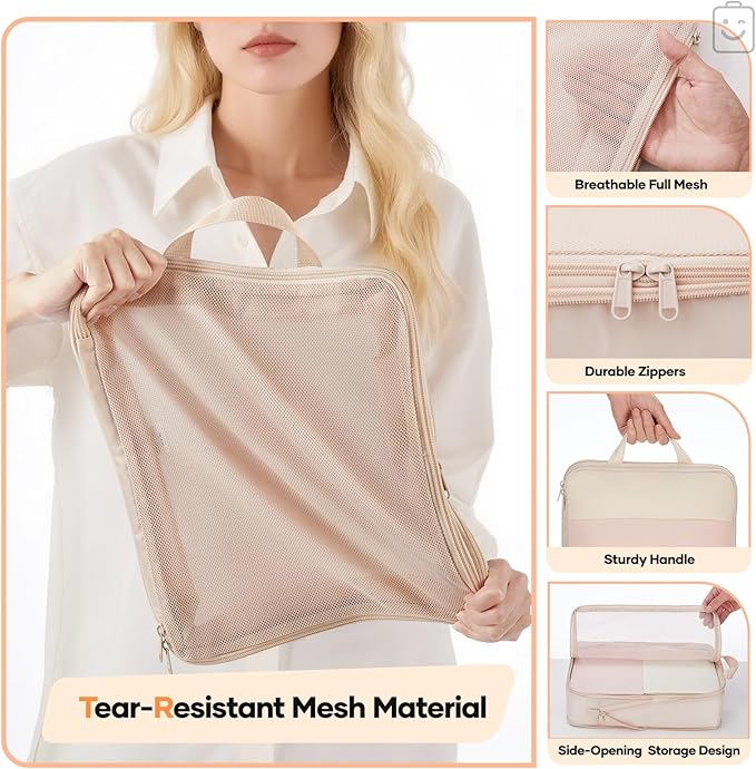 Veken 6/9/11 Set Compression Packing Cubes Garment Bags for Travel Essentials,Compressible Expandable Luggage Organizer Bags for Clothing,Space Saver Bags with Over 1000 pcs of Mesh Holes(Beige)