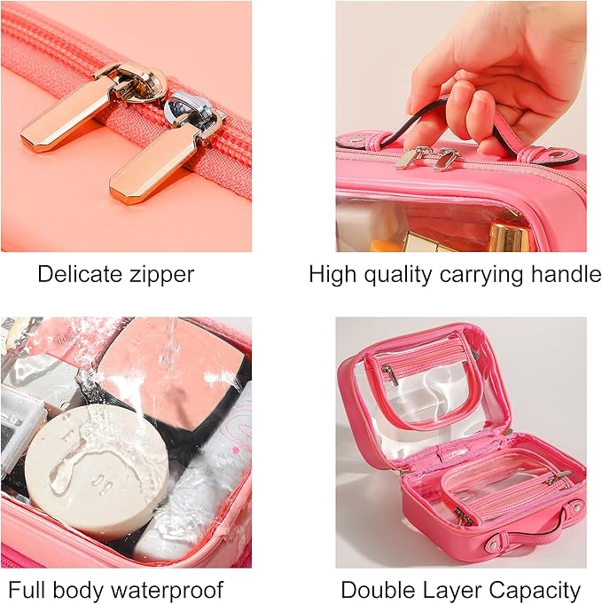 Veki TSA Approved Toiletry Bag Transparent Makeup Bags, Large Rose Red