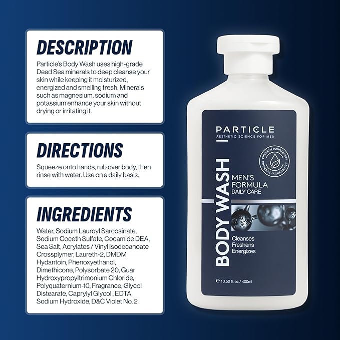 Particle Men’s Body Wash, Daily Skin Care for Men with Dead Sea Minerals, Hydrating Moisturizing Shower Gel and Cleanser for Men, All Skin Types, Fresh Citrus and Woody Scent, 13.52 FL OZ