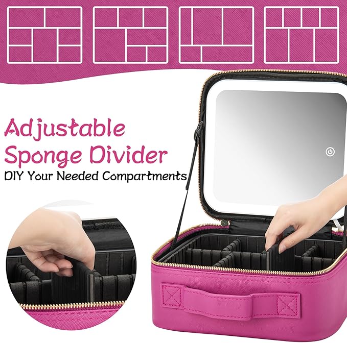 Extrei Gent Makeup Travel Train Case with Mirror LED Light 3 Adjustable Brightness Cosmetic Bag Portable Storage Adjustable Partition Waterproof Makeup Brushes Makeup Jewelry Gift for Women, Violet