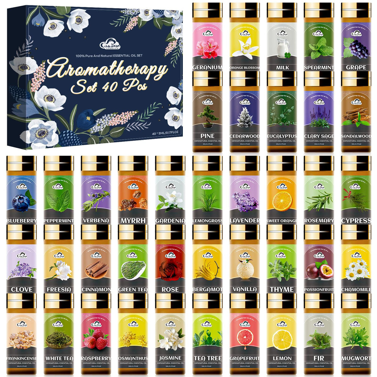 Essential Oil Set, 40 Pcs Fragrance Aromatherapy Oils for Skin, Diffusers, Home Care, Humidifier, Laundry, Candle Making - Tea Tree, Sandalwood, Lavender, Vanilla, Eucalyptus and More(5mL)