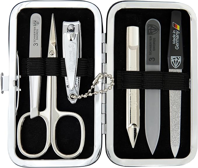3 Swords Germany - Brand Quality 6 piece Manicure Pedicure Grooming kit Set - Scissors, Metal and Glass Nail File, Clipper, Tweezers with Synthetic Leather case - red