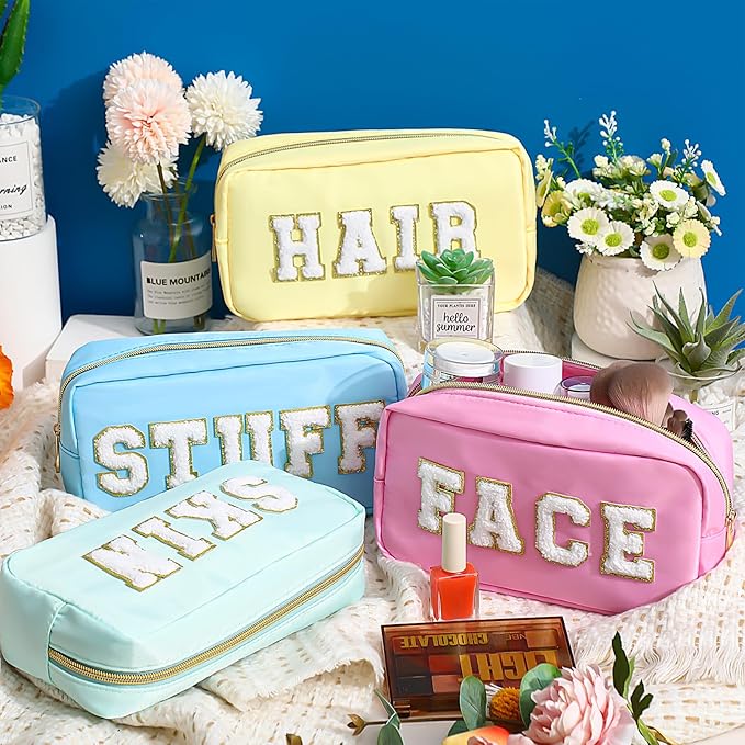Cunno Preppy Makeup Bags Chenille Letter Stuff Bag Nylon Cosmetic Pouch Cases with Zipper for Women Travel Toiletry(Pastel Color,Classic,4 Pcs)