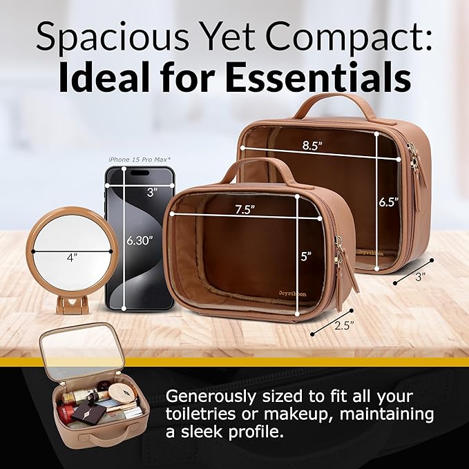 Clear Makeup Bag Set, Travel Cosmetic Bags with Transparent TPU Front, 3PCS (Large & Small Pouches + Compact Mirror), Saffiano PU Leather Toiletry Organizer for Women, Nude