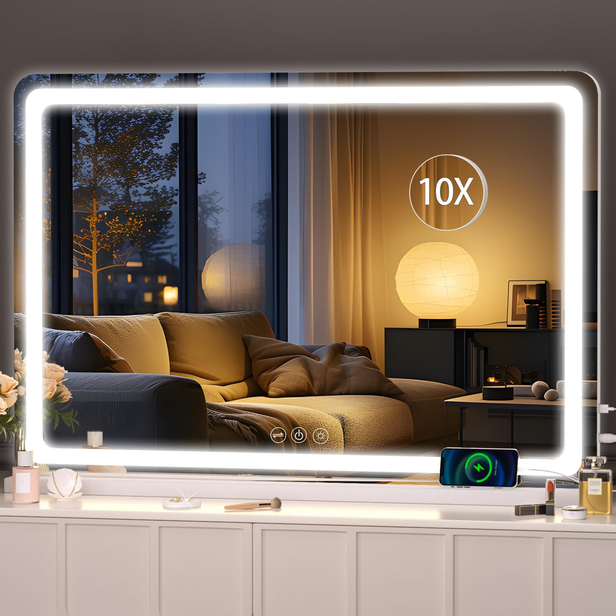 Hasipu Vanity Mirror with Lights, 27.6" x 20" LED Makeup Mirror, Lighted Makeup Mirror with Dimmable 3 Modes, Touch Screen Control Vanity Mirror Round Gold