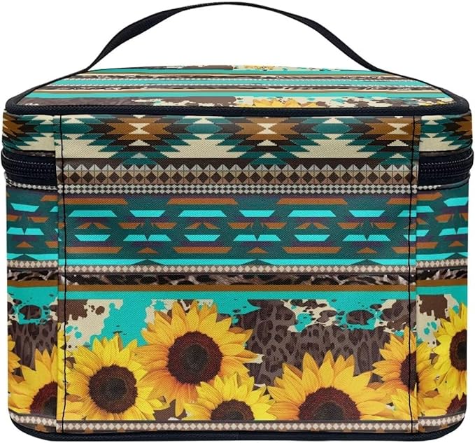 Drydeepin Western Aztec Sunflower Makeup Bag for Women Ladies Classic Cheetah Leopard Pattern Portable Cosmetic Bag with Zipper and Carry Handle Make Up Tote Bags Boho Tribal Toiletry Case Organizer
