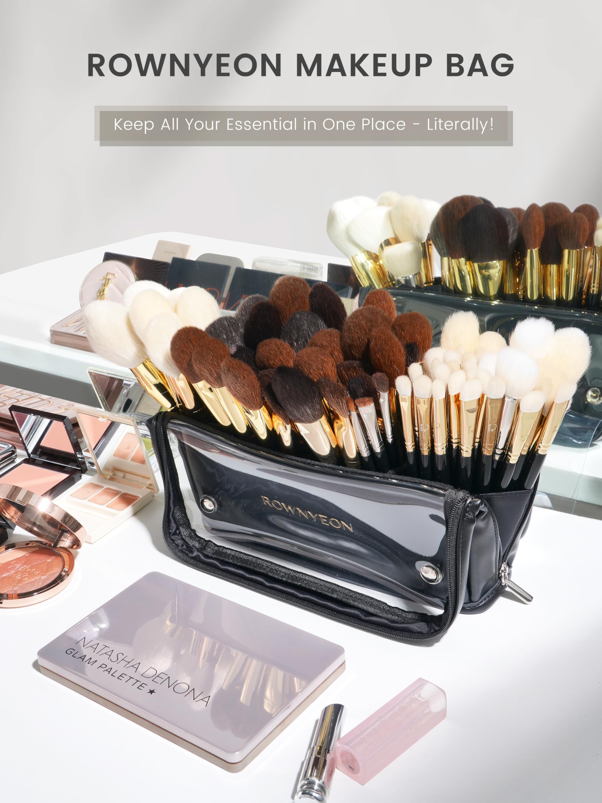 ROWNYEON Makeup Brush Bag, High Capacity Stand-Up Makeup Brush Holder, Travel Professional Cosmetic Bag Artist Organizer Bag Large Makeup Brush Case with Adjustable Divider (Brushes Not included)