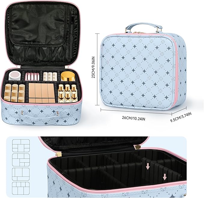 M Y U R E N Travel Makeup Bag,Waterproof Cosmetic Organizer, Adjustable Dividers,Portability Cosmetic Train Case,Makeup organizer,Gift for Women,Girls Gift (Blue+Pink)