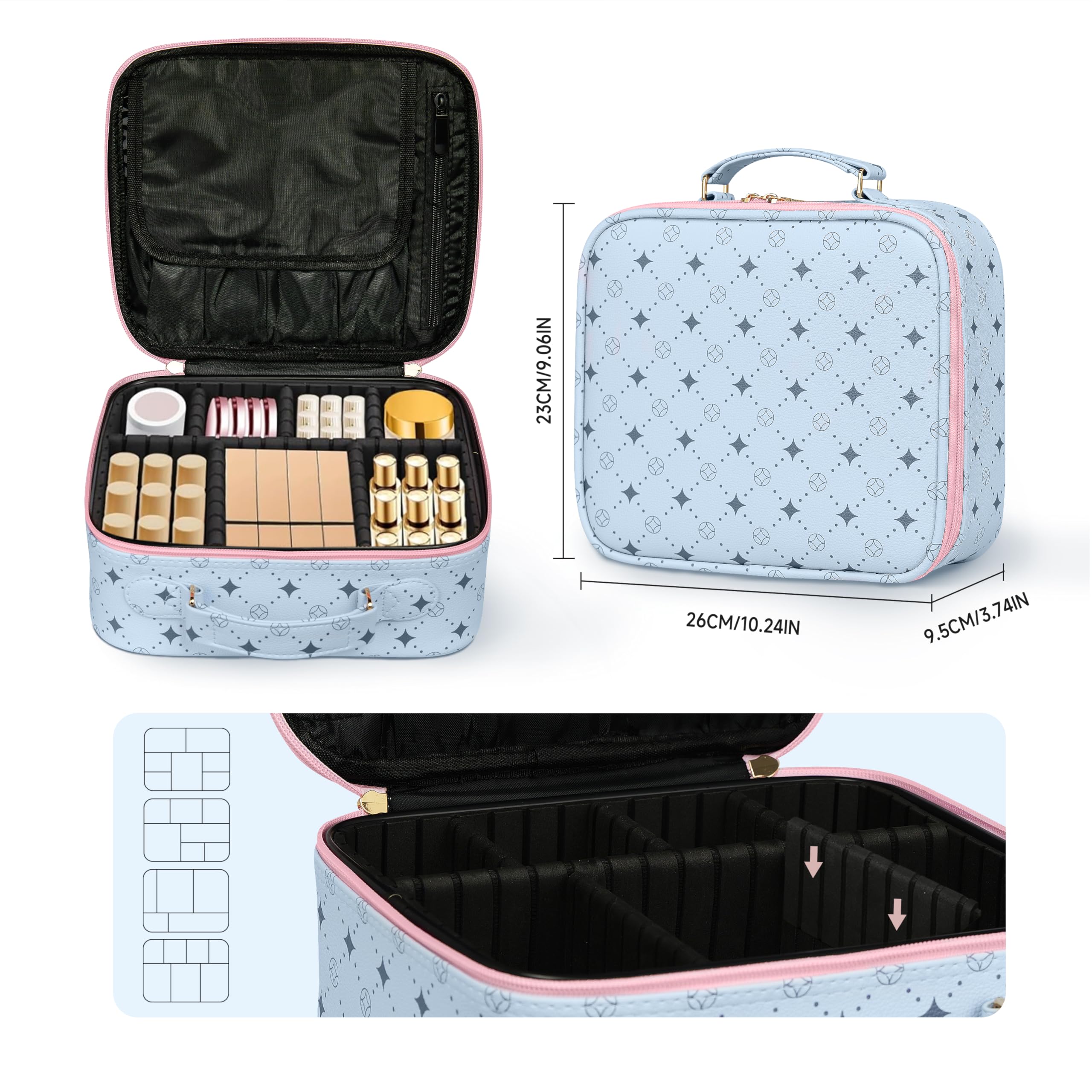 M Y U R E N Travel Makeup Bag,Waterproof Cosmetic Organizer, Adjustable Dividers,Portability Cosmetic Train Case,Makeup organizer,Gift for Women,Girls Gift (Blue+Pink)