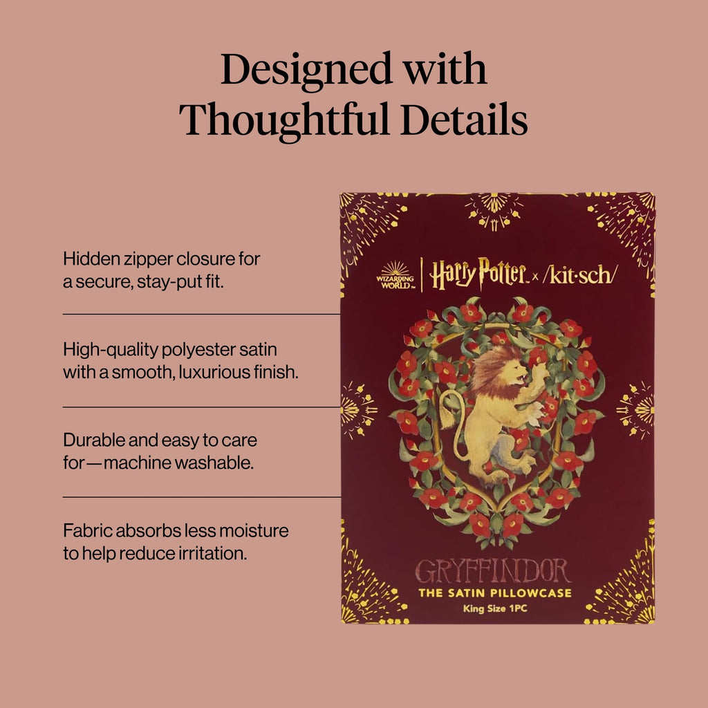 Kitsch & Harry Potter Satin Pillowcase W/Zipper - Size 19x36, Gryffindor