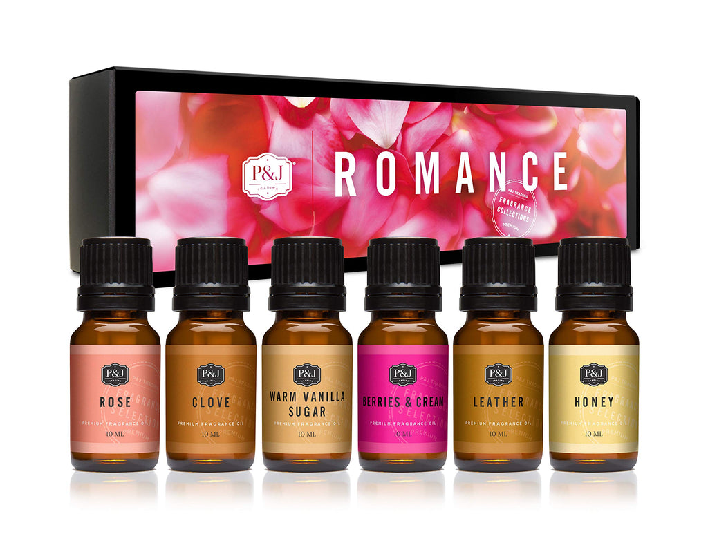 P&J Fragrance Oil Romance Set | Honey, Rose, Leather, Warm Vanilla Sugar, Berries & Cream, Clove Candle Scents for Candle Making, Freshie Scent, Soap Making Supplies, Diffuser Oil Scents