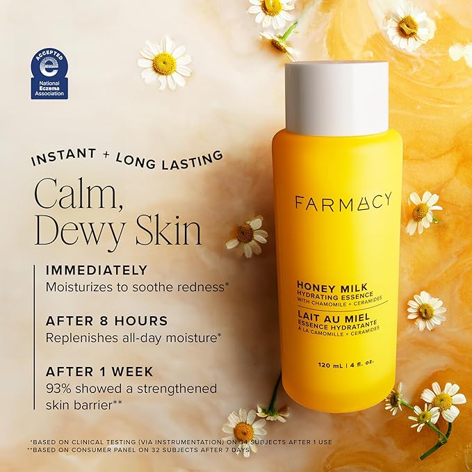 Farmacy Honey Milk Face Essence - Hydrating Milky Toner with Honey, Ceramides, Chamomile + Aloe - Helps Strengthen Skin Barrier + Replenish Moisture - Soothing + Calming Skincare (120ml)
