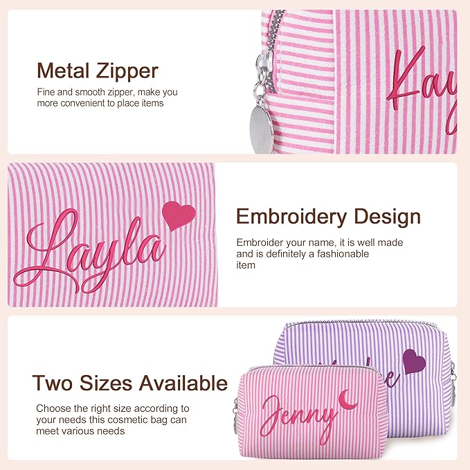 Yofair Personalized Makeup Bag with Name, Bridesmaid Gifts Large Capacity Travel Toiletry Case Custom Seersucker Cosmetic Bags Wedding Birthday Gifts for Girls Women