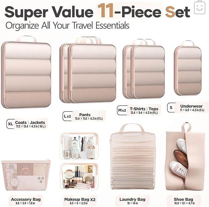 Veken 11 Set Compression Packing Cubes Garment Bags for Travel Essentials,Compressible Expandable Luggage Organizer Bags for Clothing,Space Saver Bags with Over 1000 pcs of Mesh Holes(Beige)