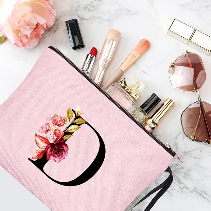 Vavabox A-Z Personalized Makeup Bag, Birthday Gifts for Women Mom, Gifts for Best Friend, Bride Bridesmaid Cosmetic bag (D, 06-Pink)