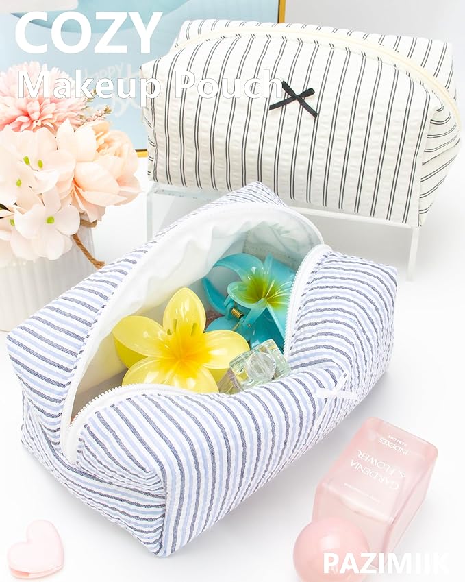 Cozy Makeup Bag for Women,Zipper Cosmetic Pouch,Stripe Blue Mix,2 Pack