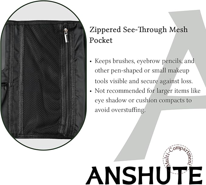 Anshute Travel-Ready Makeup Brush Organizer，Makeup brush holder travel Bag, Black - Multi - Zone PU Leather Cosmetic Case, roll up makeup bag organizer, Makeup Brush Case