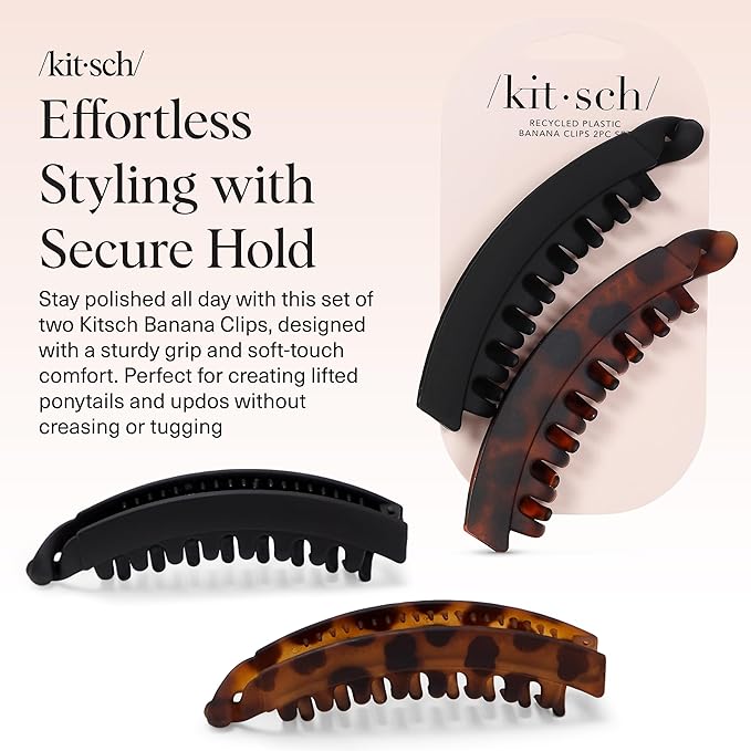 Kitsch Banana Hair Clips For Women – All Hair Types - Black & Tort, 2pcs
