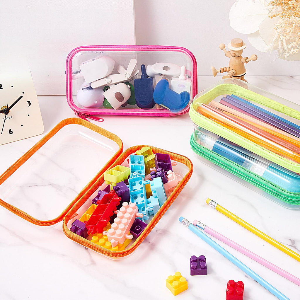 Hoolerry 4 Pcs Hard Clear Zipper Case Makeup Bags Plastic Zipper Pouch Transparent Storage Box Containers for Cosmetics, Snacks, Building Blocks, Puzzles(Clear,7.5 x 3.9 x 2 in,Fluorescent)