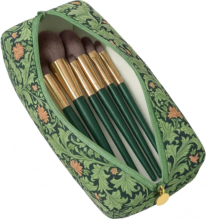 OIMEI Floral Quilted Pouch Cotton Makeup Bag for Women, Large Capacity Travel Cosmetic Pouch with Zipper, Cute Toiletry & Brush Organizer, Kawaii Makeup Storage Case – Garden Green