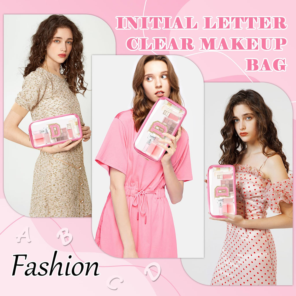 Personalized Initial Letter Clear Makeup Bag,Preppy Small Nylon&PVC Cosmetic Zipper Bag with Chenille Letter,Portable Beach Travel Skincare Toiletry Bag,Trendy Monogram Gift for Teen Girls Women,D