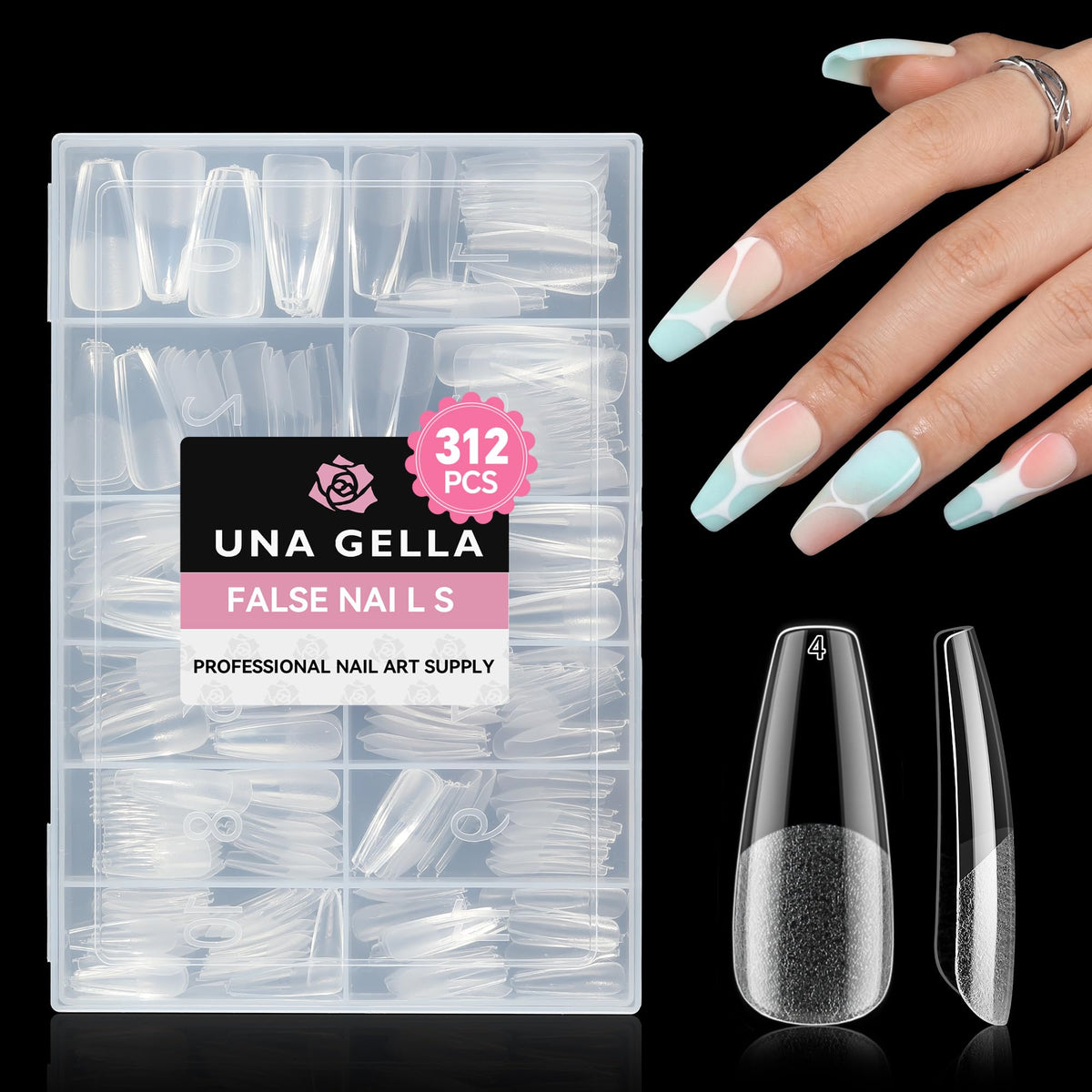 UNA GELLA Almond Nail Tips, Half Cover Almond Shape, 312PCS, 12 Sizes