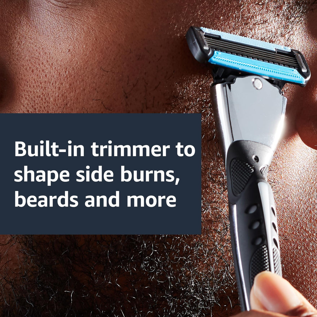 Amazon Basics 5-Blade MotionSphere Men's Razor with Dual Lubrication, Vitamin E, Precision Trimmer, 1 Handle & 16 Cartridges, Black