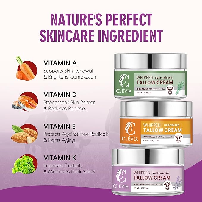 CLÉVIA 100% Grass-Fed Whipped Tallow Cream - 4 OZ Anti-Wrinkle Face and Body Balm with Jojoba Oil Non-Comedogenic - Deep Hydration for Dry, Sensitive and Irritated Skin (Vanilla Lavender)