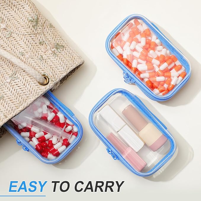 Hoolerry 3 Pcs Clear Hard Zipper Case Hard Plastic Zipper Pouch Makeup Bag Portable Travel Organizer for Cosmetics, Office Supplies, Documents & Toiletries(Blue,Xs)